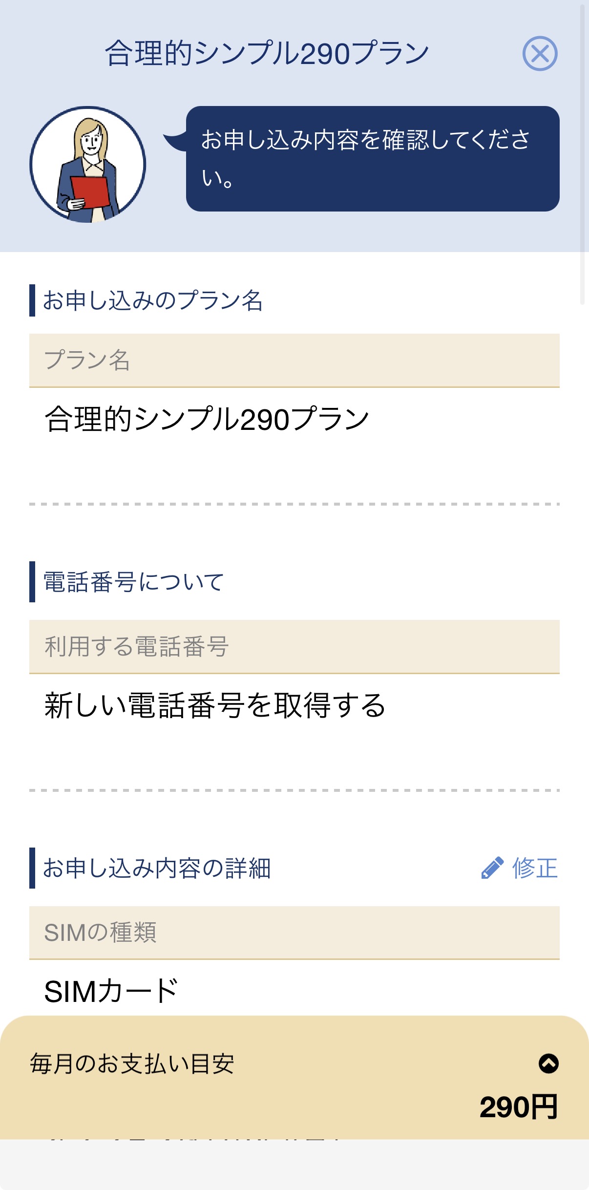 合理的シンプル290プラン、新しい電話番号、SIMカードを選んだ申込内容確認画面