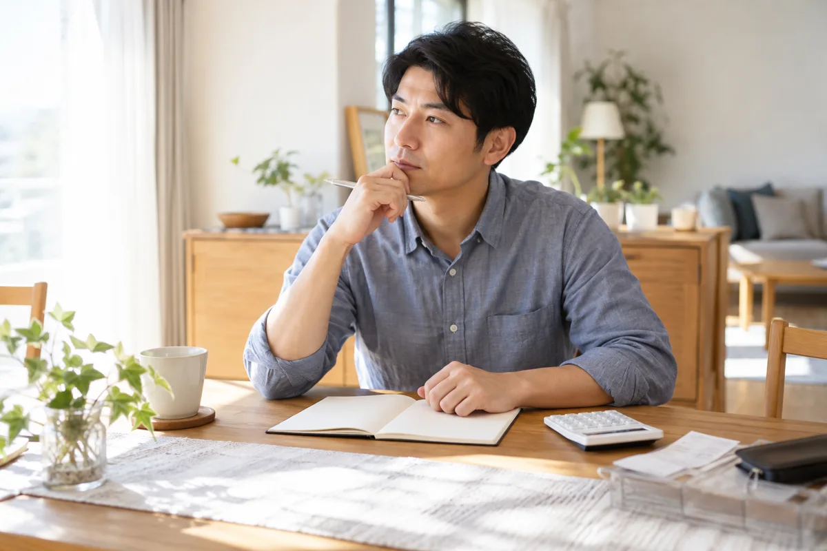 白紙のノートを前に家計について考える架空の男性のAI生成イメージ