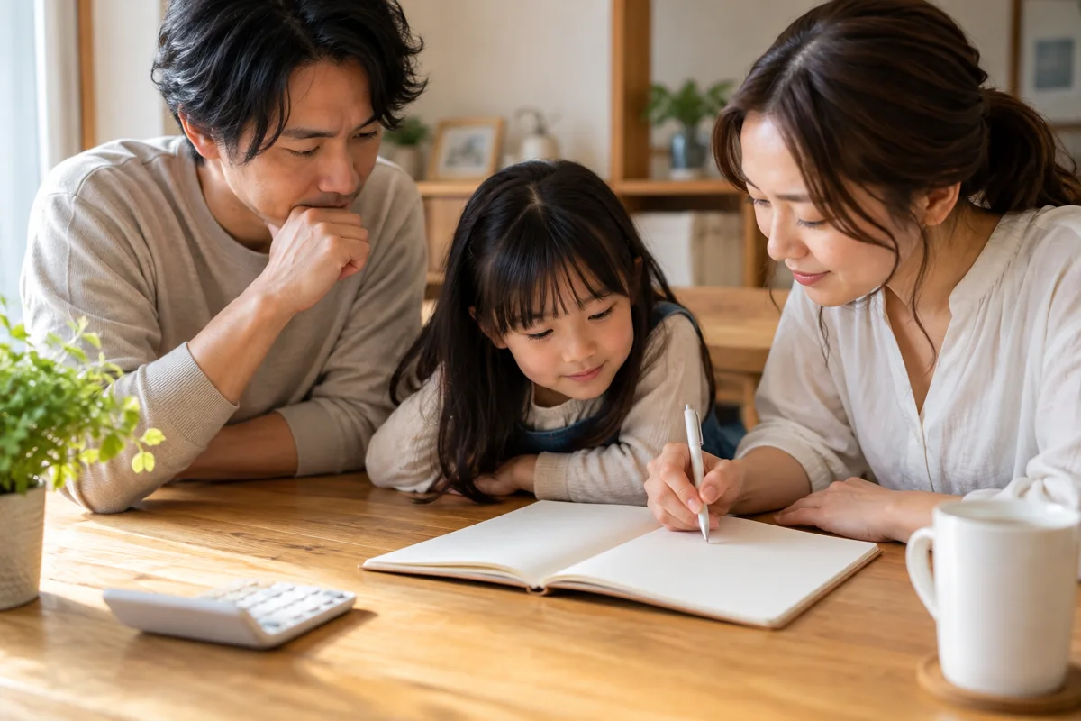 ノートを囲んで話す架空の家族のAI生成イメージ