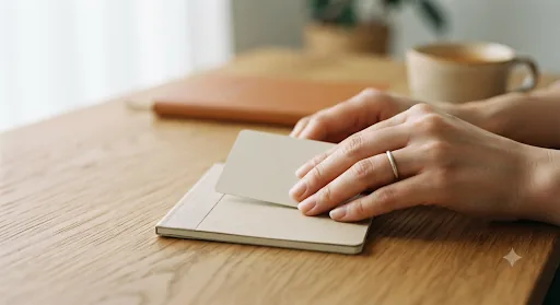 手が無地のキャッシュカードを机の上で押さえるクローズアップ。ATMの出金上限とカードの管理イメージ