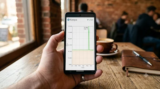 スマートフォンにメルカリの売り切れ相場一覧が表示され、新品価格に丸印がついている