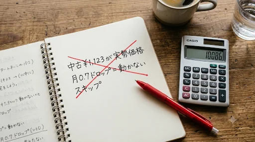 大型モニターにKeepaの価格推移グラフが表示され、下落していくラインにメモが添えられている