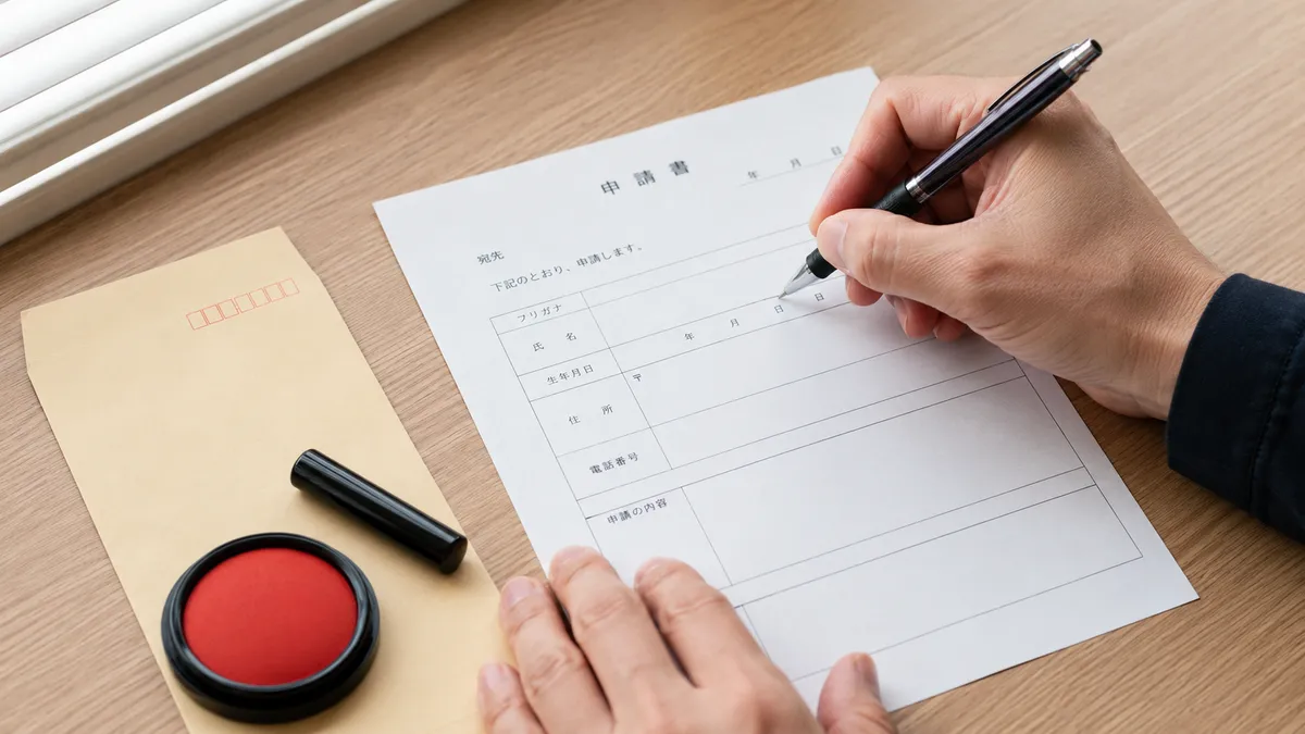 応援券の申込書を記入する手元と印鑑