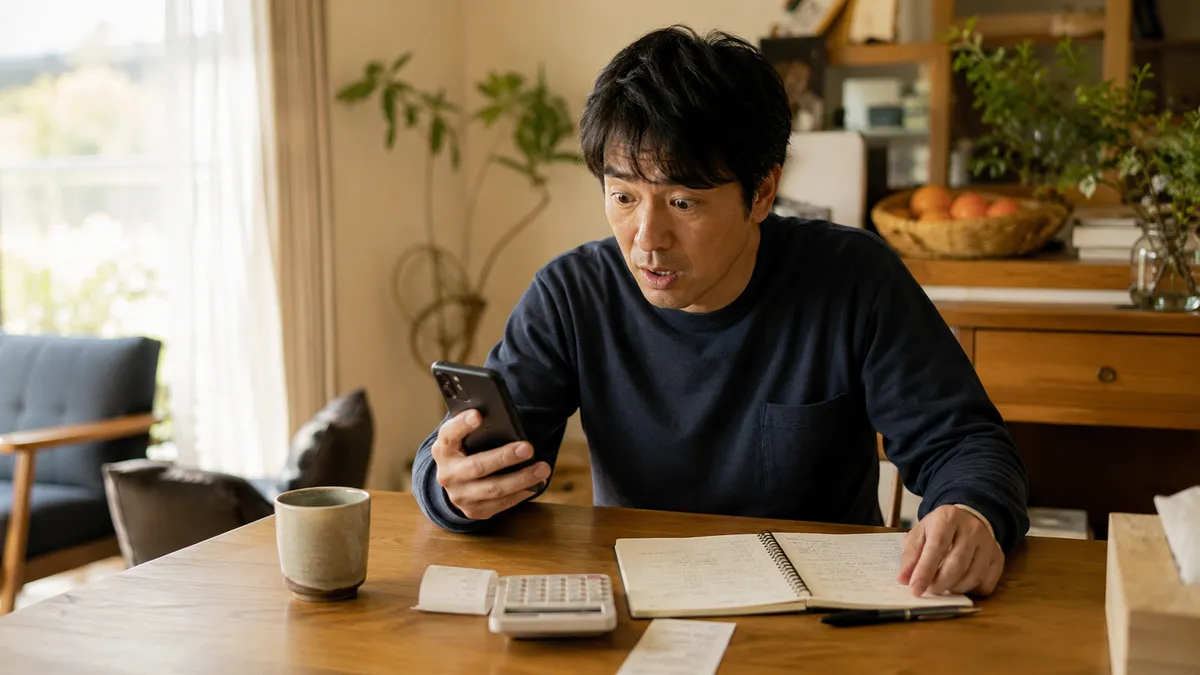 家計簿を見てお得さに気づく場面