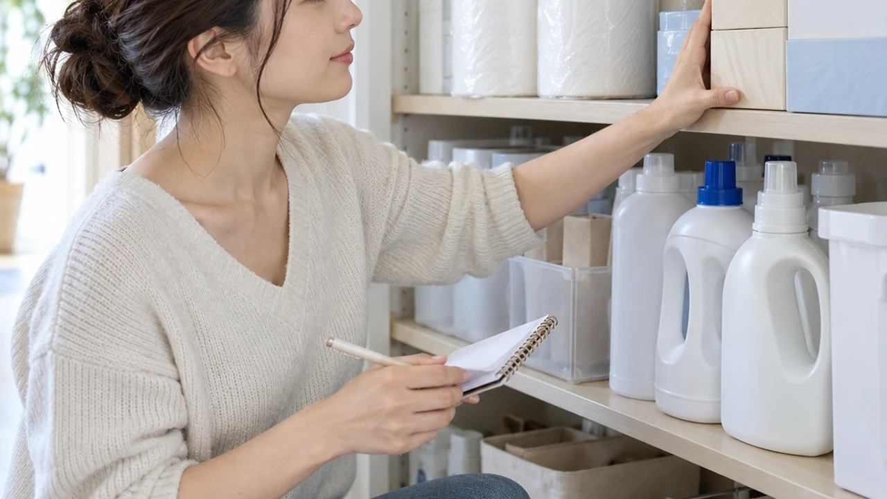 棚の生活用品の残量を確認する架空の成人女性のAI生成イメージ