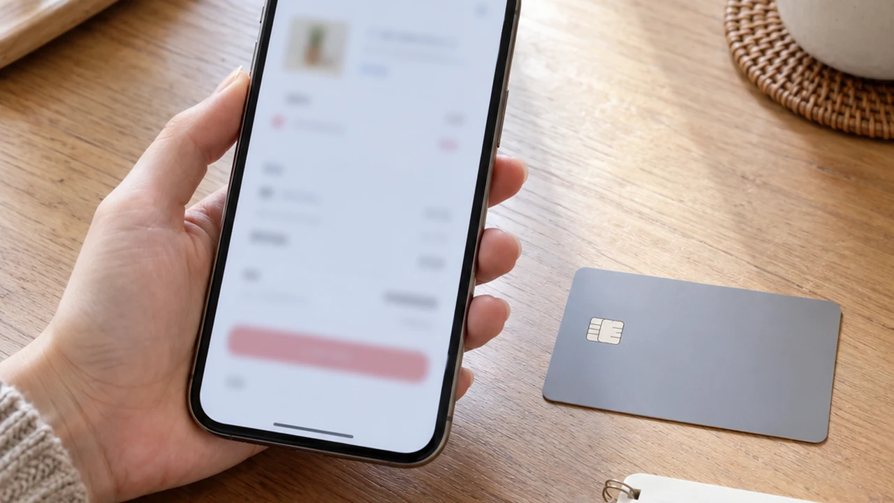 スマートフォンのぼかした購入画面をカードと一緒に確認するAI生成イメージ
