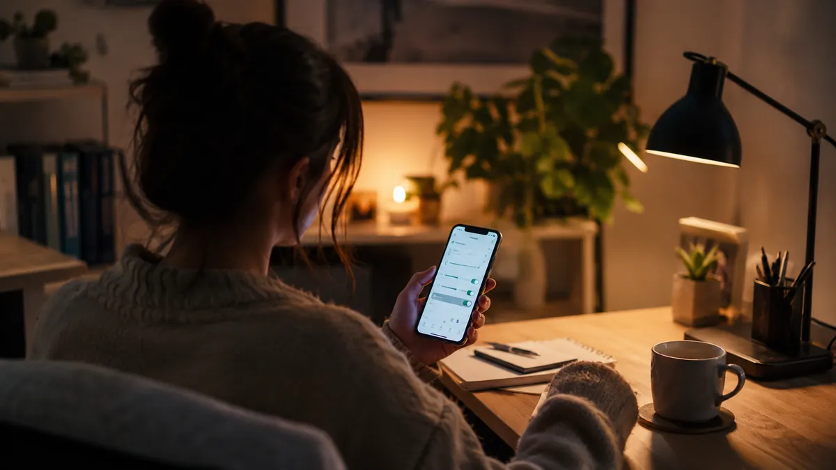 夕方のデスクでスマホの積立設定画面を確認する人物(落ち着いた雰囲気)