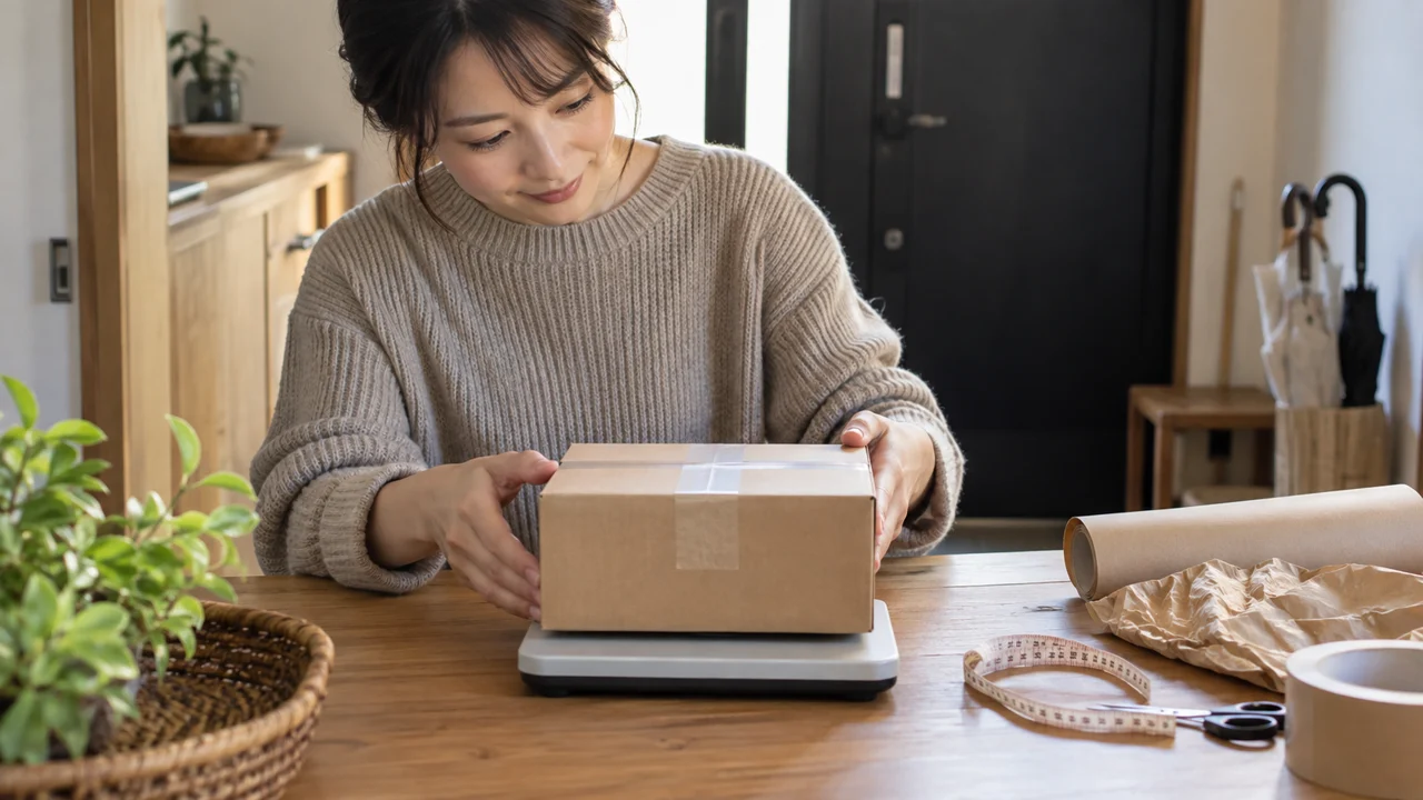 返送する荷物の大きさと重さを確認するAI生成イメージ