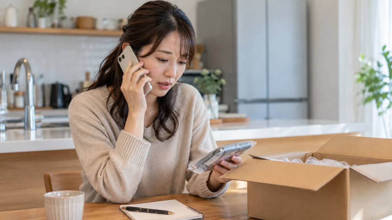 不明な購入条件をショップへ問い合わせるAI生成イメージ