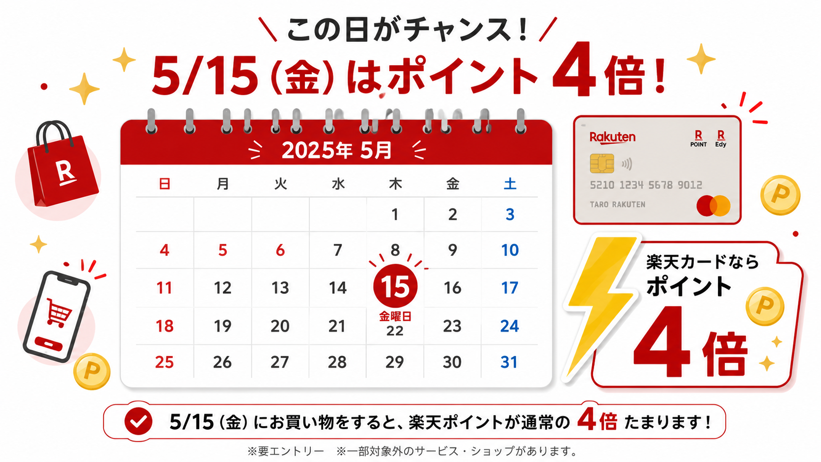 5月15日金曜日は楽天カードでポイント4倍