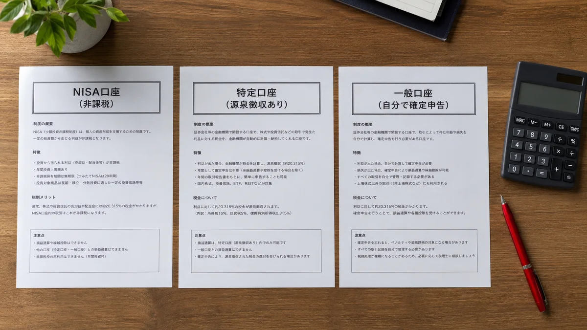 NISA口座・特定口座・一般口座、3種類の口座書類を並べて比較するイメージ