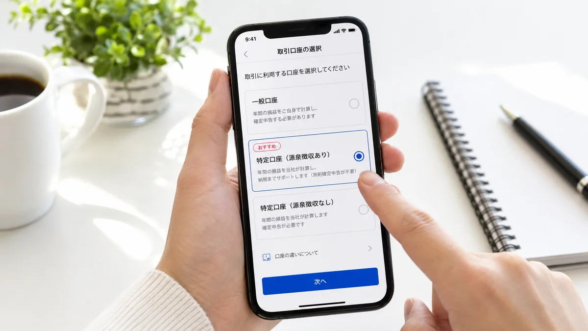スマホ画面で「特定口座（源泉徴収あり）／おすすめ」を選ぶイメージ