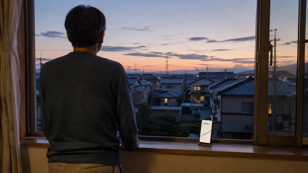 夕暮れの窓辺でスマホにオルカンの右肩上がりグラフを表示する男性の後ろ姿、7年の歩み