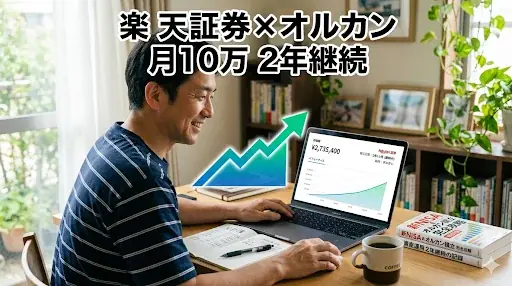 楽天証券を7年前に開いた経緯、男性がノートPCで右肩上がりグラフを確認
