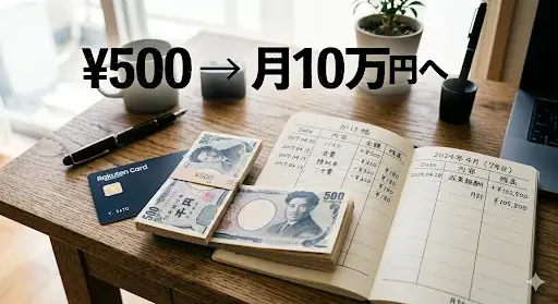 ¥500から月10万円の積立へ、楽天カードと増える資産イメージ