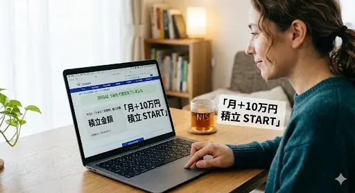 月10万円積立スタート、女性がノートPCで設定するイメージ