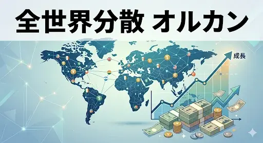 オルカン・全世界株式の分散イメージ、世界地図と成長グラフ