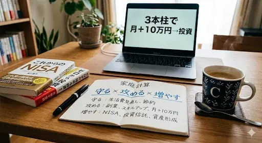 守る・攻める・増やすの3本柱で積立を続けるイメージ、机にNISA本
