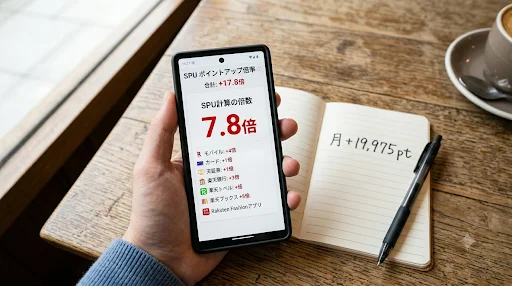 楽天SPUの達成項目一覧をスマホ画面で確認している様子