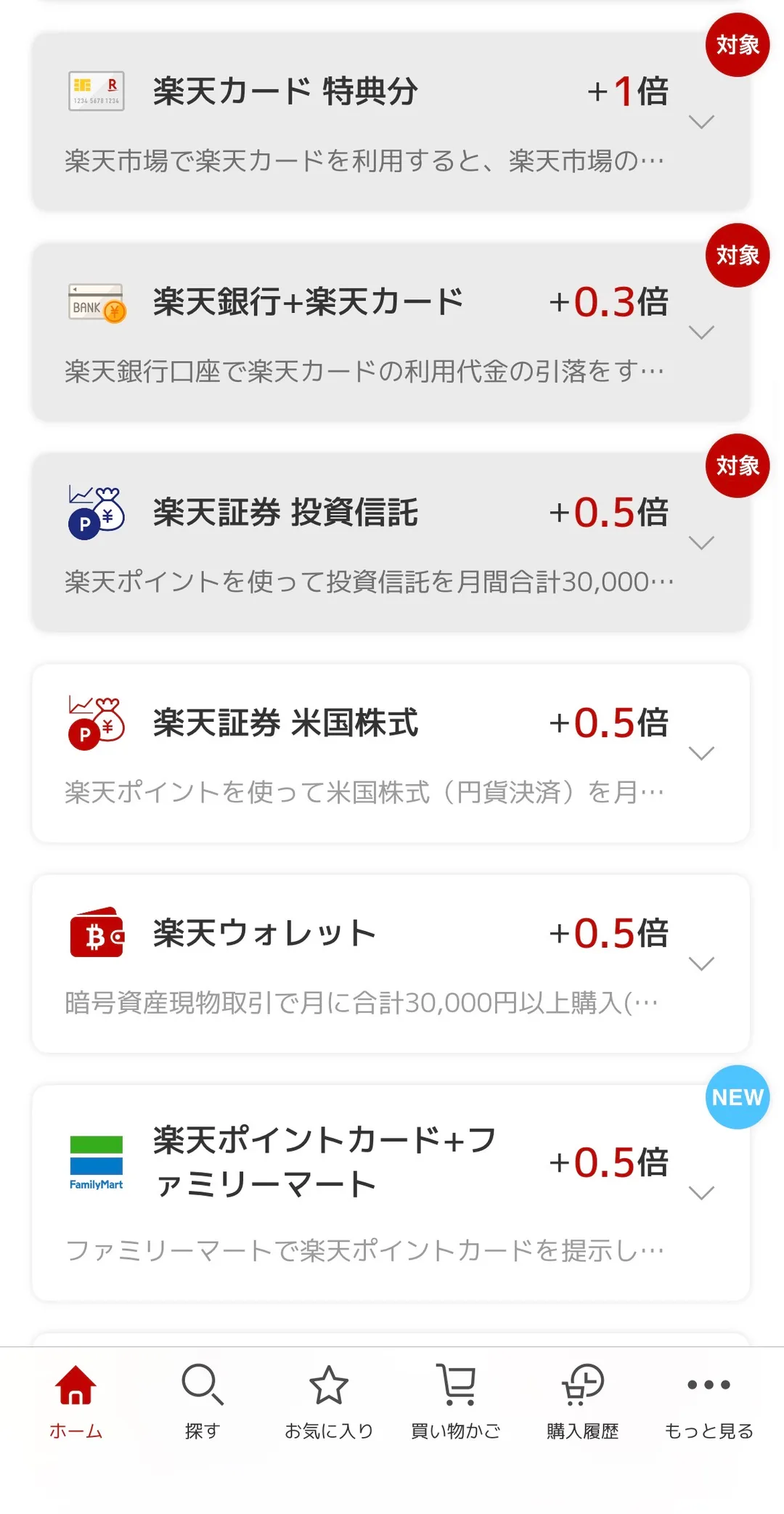 楽天SPUの詳細画面。楽天証券米国株式・楽天ウォレット・楽天ポイントカード+ファミリーマートなどが並ぶ未達成項目リスト