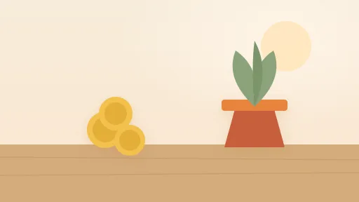 コインの積み重なりと緑の植物。楽天SuperDEALせどりのまとめイメージ。