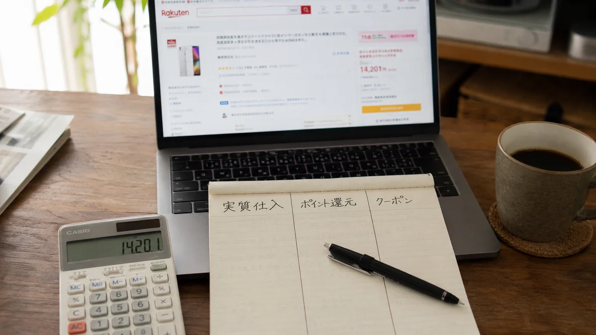 デスクにノートPC・スマートフォン・メモ帳が並び、判断ルールが書かれたホワイトボードが背景に見える