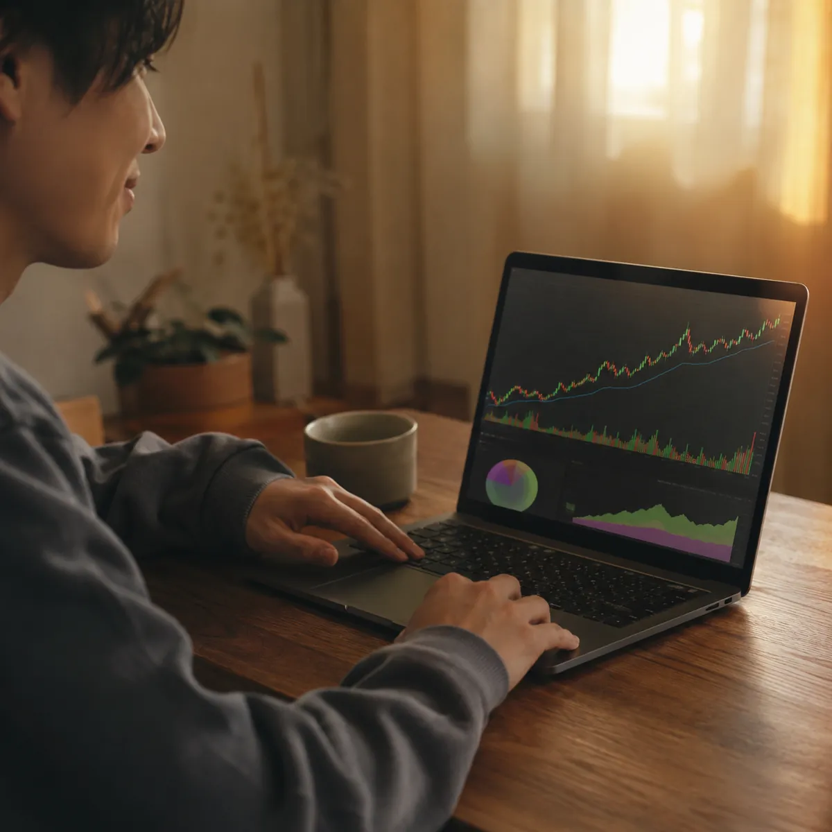 夕方の光でPCチャート画面を見る人物（落ち着いた雰囲気）