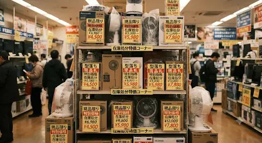 季節家電の型落ち・展示品が見切り価格になっている棚のイメージ
