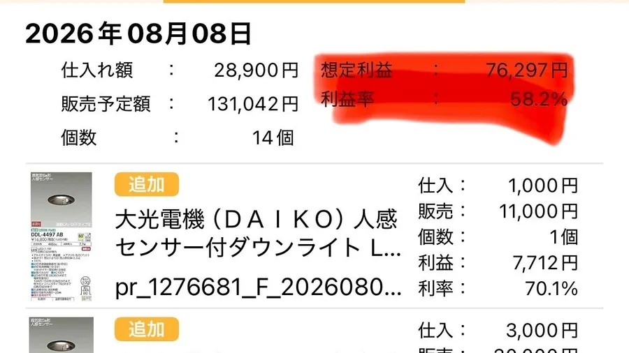 プライスターの仕入れ画面。2026年08月08日、仕入れ額28,900円、販売予定額131,042円、個数14個、想定利益76,297円、利益率58.2%と表示されている