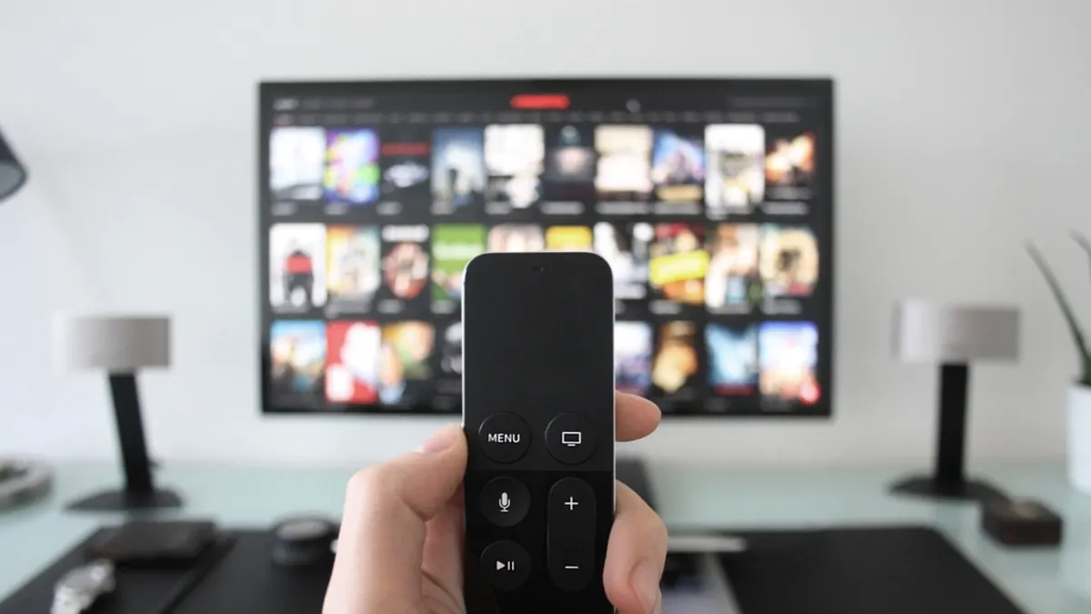 黒いテレビ用リモコンを持つ手が、テレビ画面に向かって構えられている接写写真。背景にはコンテンツのサムネイルが並ぶテレビ画面がぼやけて写り、両脇にスピーカーと観葉植物が置かれている。