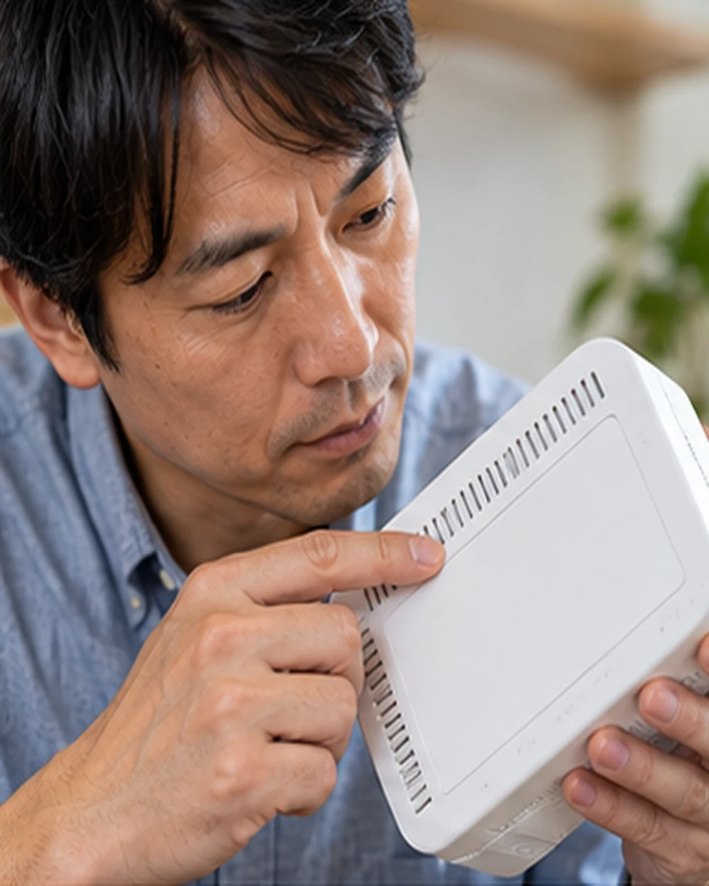 型番を確認する架空の成人男性のAI生成イメージ