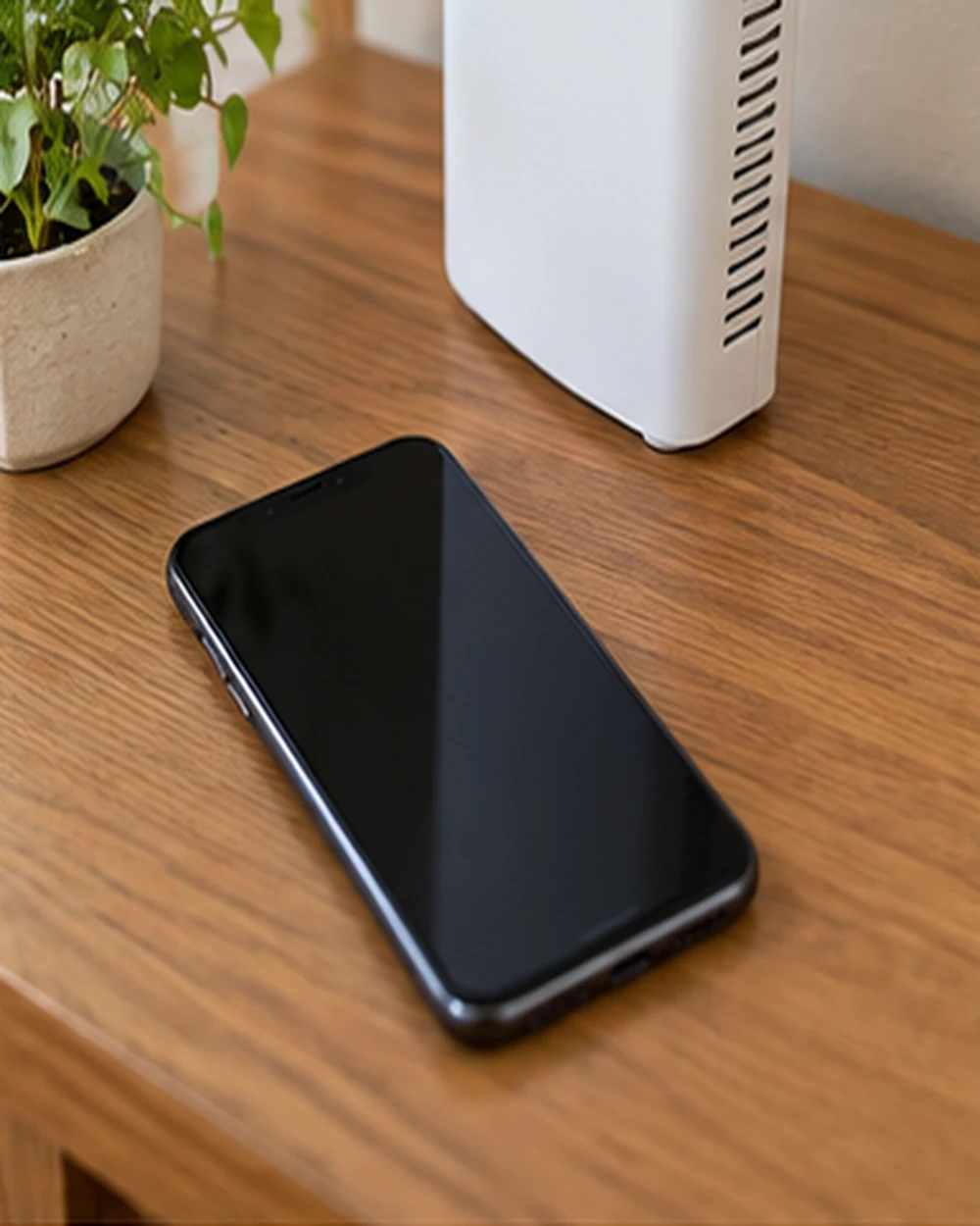 ルーターの横に画面を伏せたスマートフォンを置いたAI生成イメージ