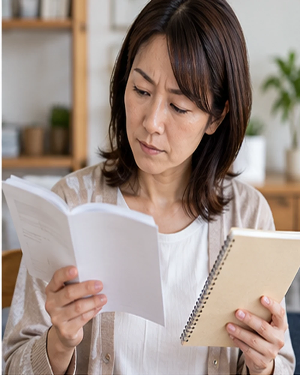 説明書と無記入のノートを確認する架空の成人女性のAI生成イメージ