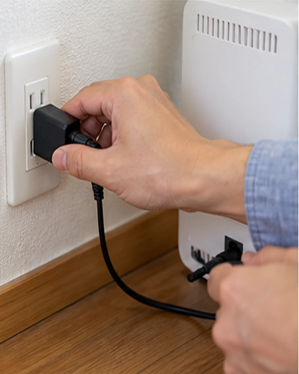 電源を安全に入れ直す手元のAI生成イメージ