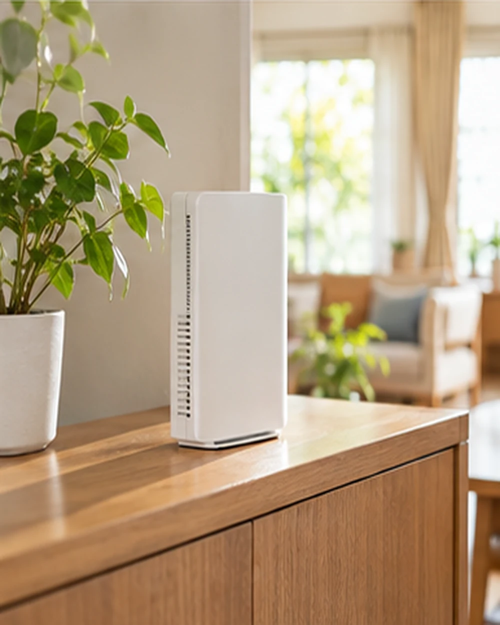 風通しのよい場所に置かれた無地のルーターのAI生成イメージ