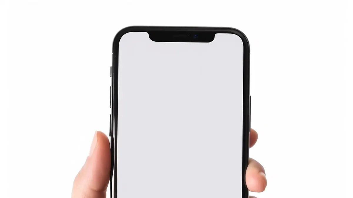 白背景の前で、片手が黒いスマートフォンを縦に持っている。画面は真っ白で何も表示されていない