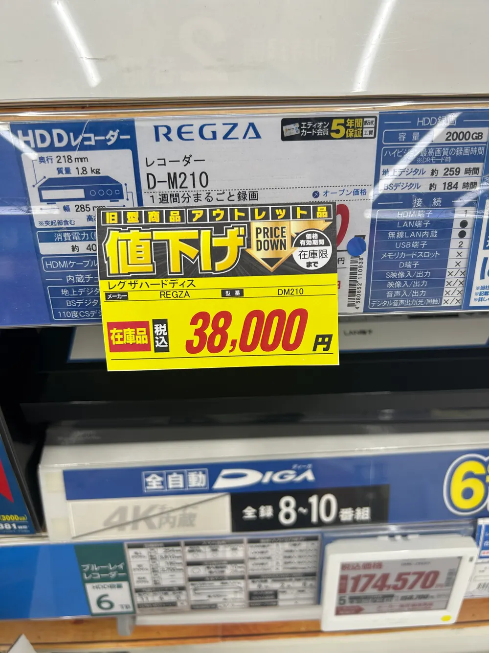 値札の拡大写真。「旧型商品アウトレット品 値下げ PRICE DOWN 価格有効期間 在庫限りまで」「レグザハードディスク メーカー REGZA 型番 DM210」「在庫品 税込 38,000円」と大きく赤字で表示されている。