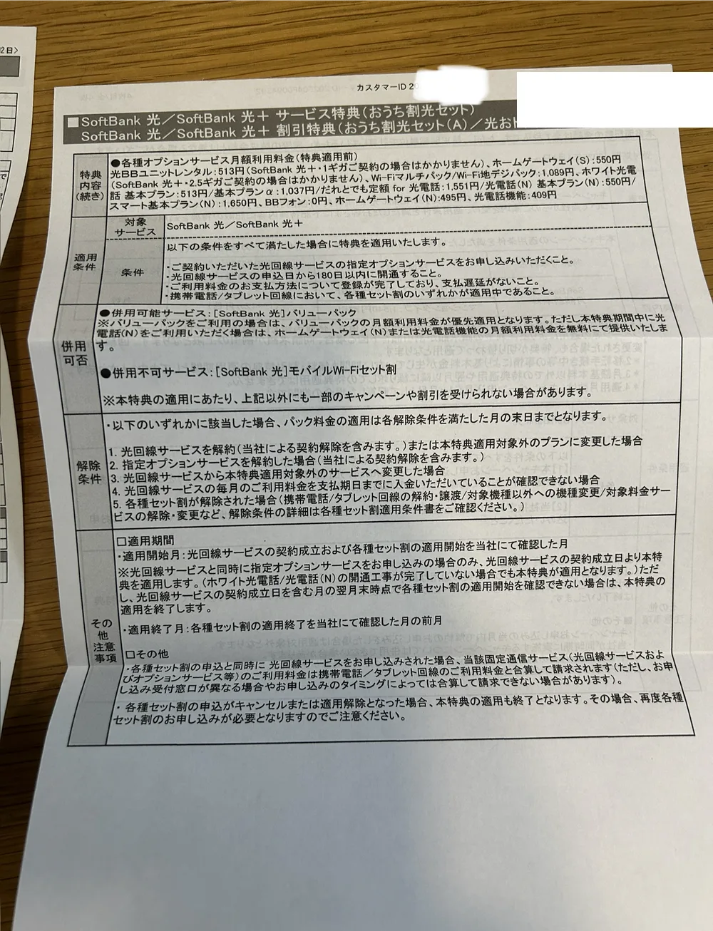 SoftBank光の契約書面3枚目。併用可能サービスと併用不可サービス、解除条件が5項目、適用開始月・適用終了月の定義が記載されている。カスタマーIDはマスク済み。