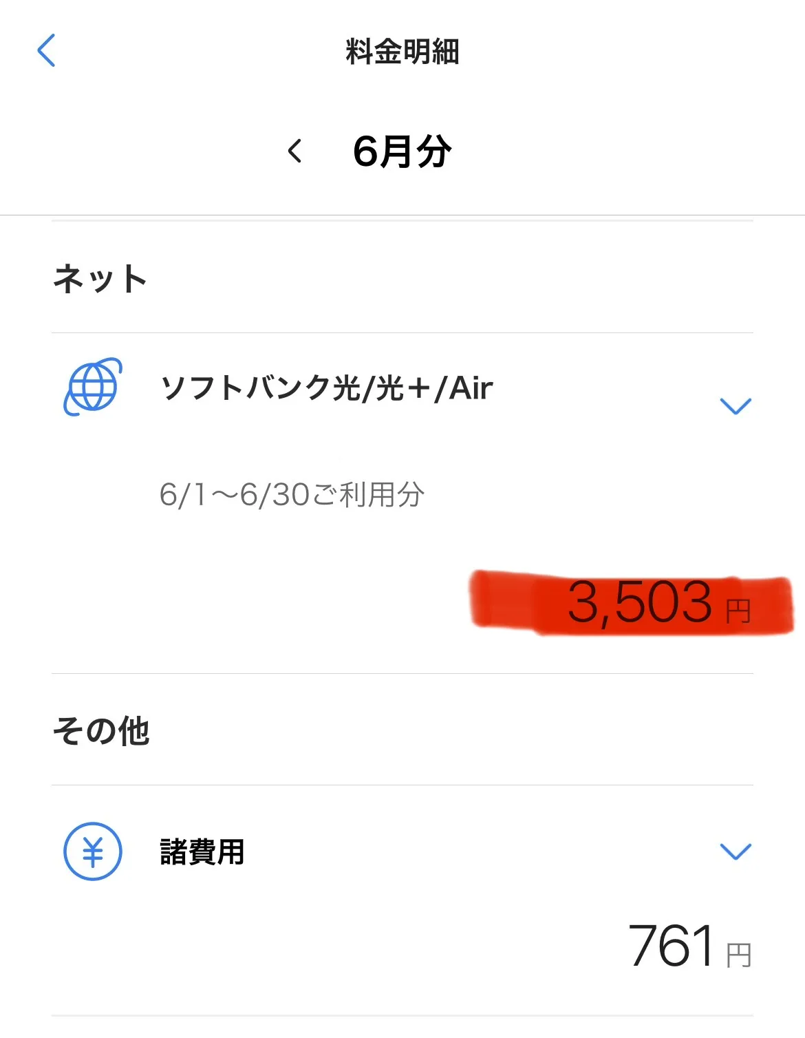 明細画面でソフトバンク光の金額3,503円が赤くマークされている。今回の割引交渉のターゲット