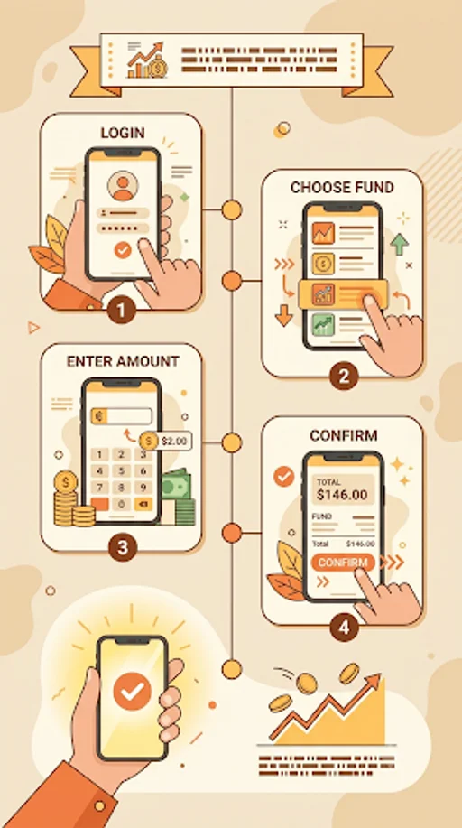 楽天証券でスポット購入（一度きりの買い付け）を行う流れをスマホ画面のイメージで示したシンプルな図解
