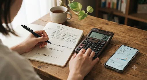 無理のない増額の目安を家計簿と電卓で確認するイメージ