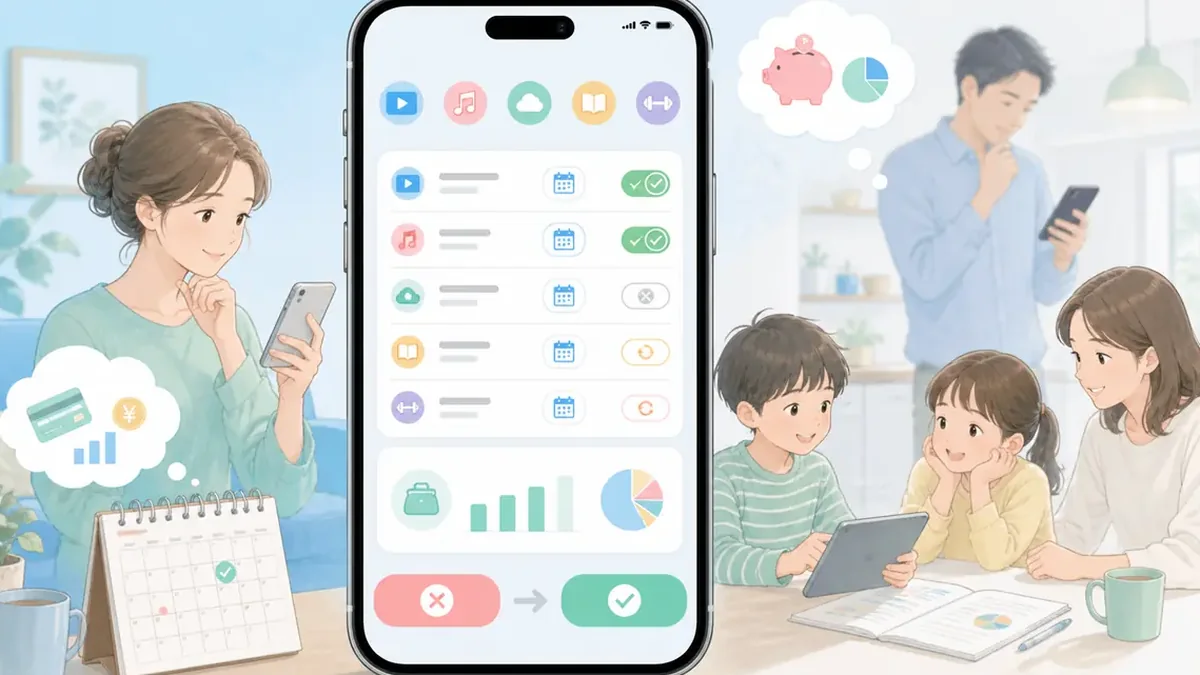 スマホの契約とサブスクを一覧で確認しているイメージ