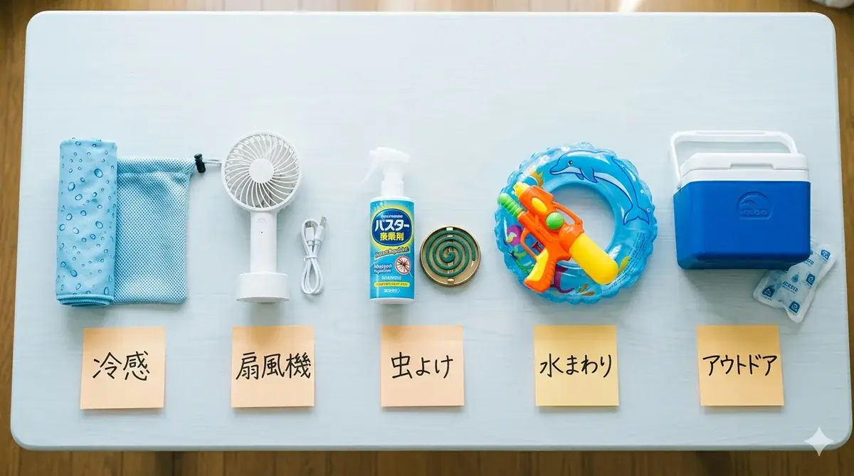 冷感グッズや扇風機など夏物の季節商材を棚でリサーチしているイメージ