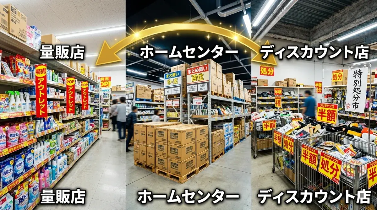 量販店やホームセンターなど店舗別に夏物を仕入れているイメージ