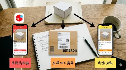 雨の日に自宅で在庫管理・リサーチ作業をしているイメージ