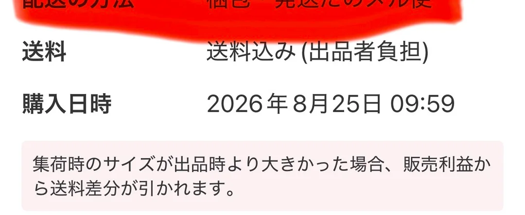メルカリの取引画面の続き。「送料　送料込み(出品者負担)」「購入日時　2026年8月25日 09:59」の下に、薄いピンクの枠で「集荷時のサイズが出品時より大きかった場合、販売利益から送料差分が引かれます。」という注意書きが表示されている。