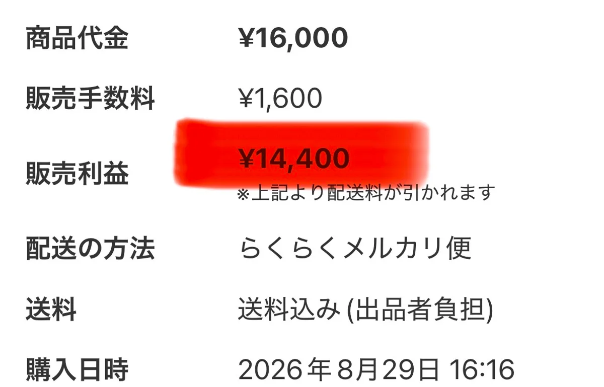 メルカリの取引画面。「商品代金 ¥16,000」「販売手数料 ¥1,600」「販売利益 ¥14,400（※上記より配送料が引かれます）」「配送の方法 らくらくメルカリ便」「送料 送料込み（出品者負担）」「購入日時 2026年8月29日 16:16」が並んでいる。