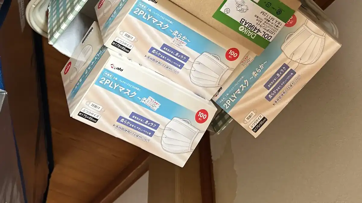 仕入れて自宅に持ち帰った荷物のクローズアップ。「2PLYマスク ふつうサイズ 100枚入」と印刷されたマスクの箱が3箱と、DAIKO LEDダウンライト DDL-4496AB の緑色の箱が、緑チェックのランドリーバスケットに重ねて入っている。