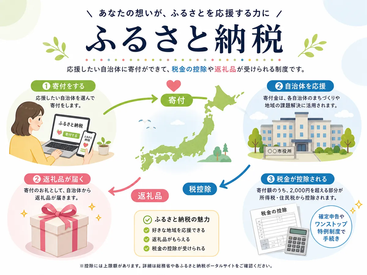 ふるさと納税の流れ図：寄付→返礼品→税控除